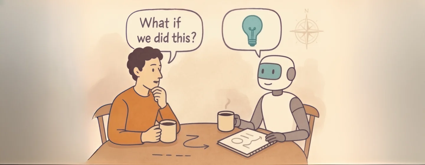 Cartoon of a person and a robot sitting at a table, the person asking ‘What if we did this?’ with a lightbulb symbol above.