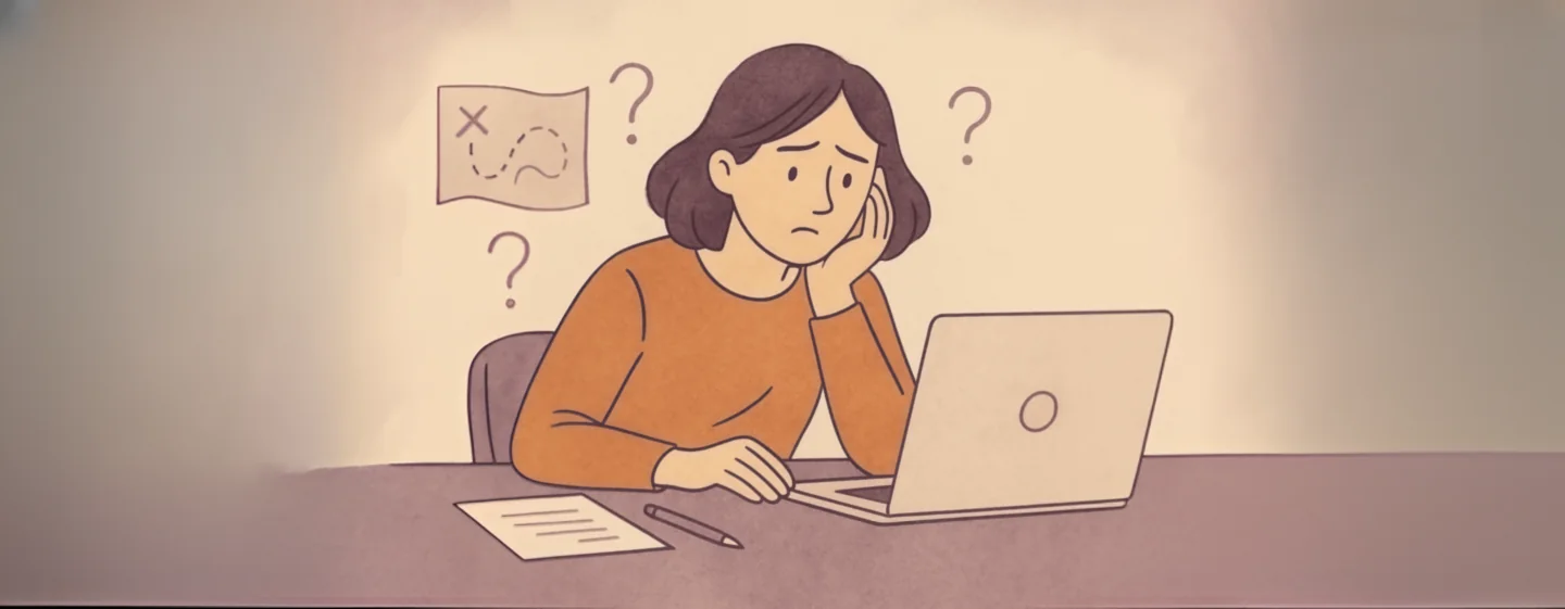 Illustration of a woman at her laptop, looking uncertain. A map and question marks float around her, symbolising hesitation.