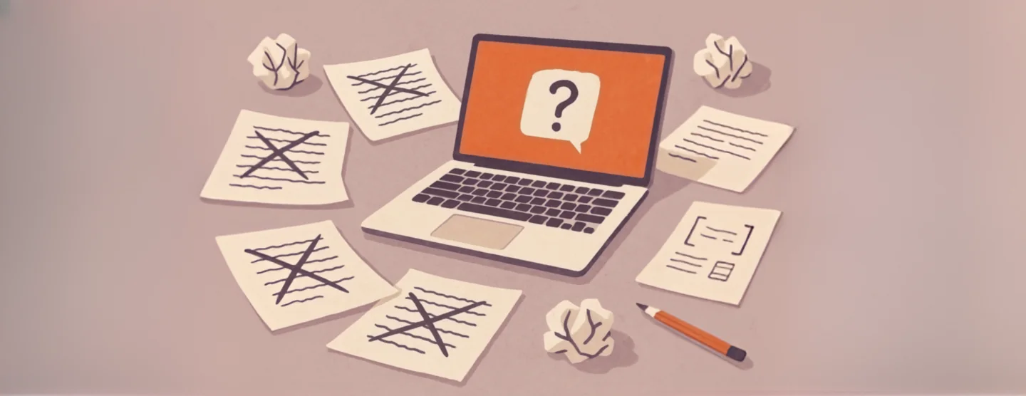 A stylised digital illustration of a laptop surrounded by crossed-out drafts and crumpled paper on a muted mauve desk. The laptop screen shows a burnt orange background with a white speech bubble containing a question mark. Around it lie handwritten pages, some with large X marks, and a pencil angled across a partially written note. The artwork uses flat shapes, soft textures, and a calm, reflective tone with a sketchbook-style layout.
