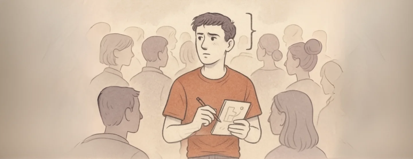 A reflective figure stands apart from a blurred crowd in a soft, textured setting. Muted tones of parchment and grey are accented with a single note of burnt orange. The illustration uses clean lines and subtle shading, evoking quiet focus and the feeling of having something meaningful to say even if no one’s listening yet.